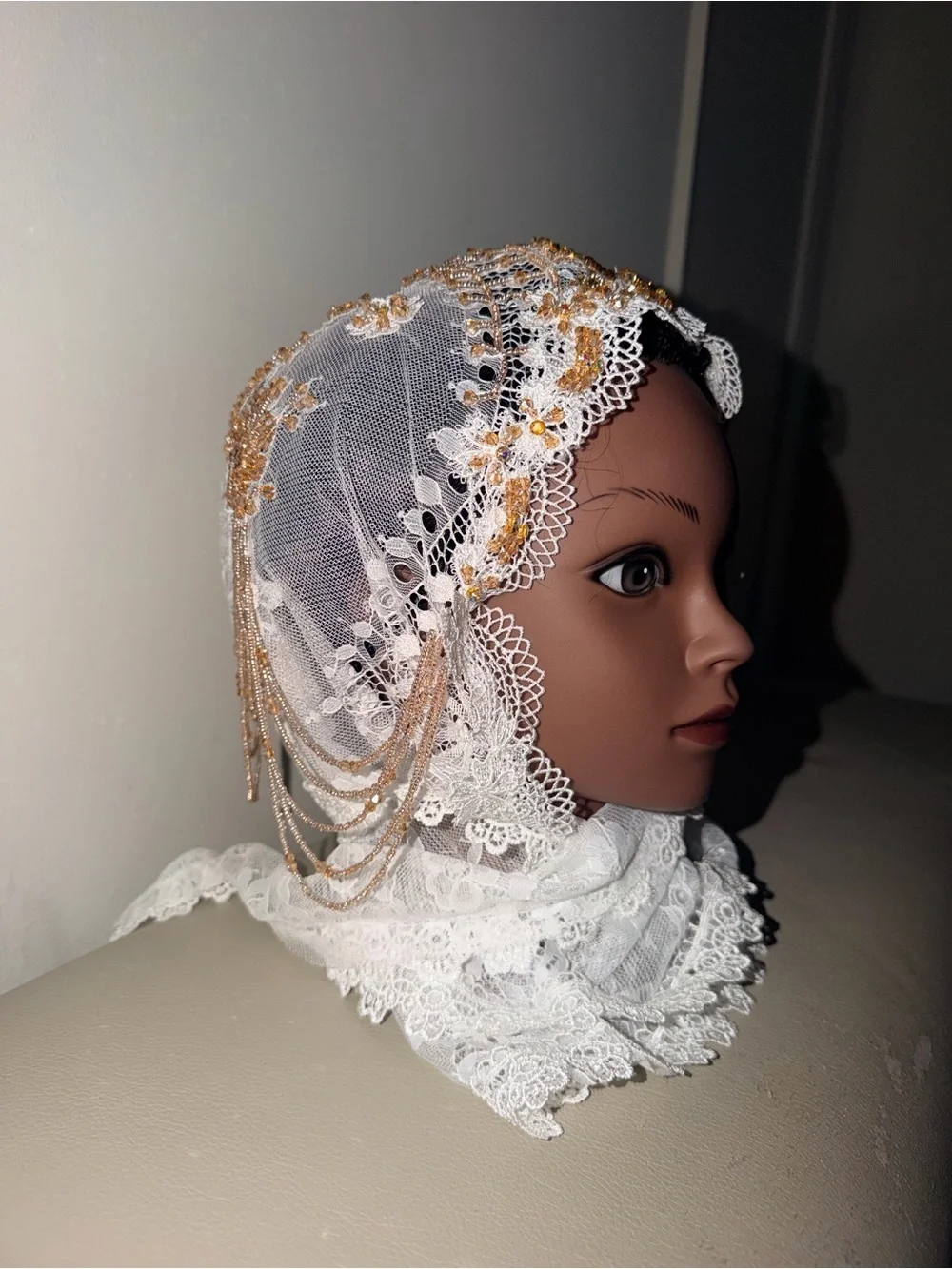 Embellished White Lace Headscarf with Gold Bead Accents